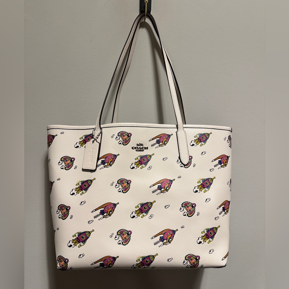 Coach White Leather Tote with Multicolor Rocket Motif